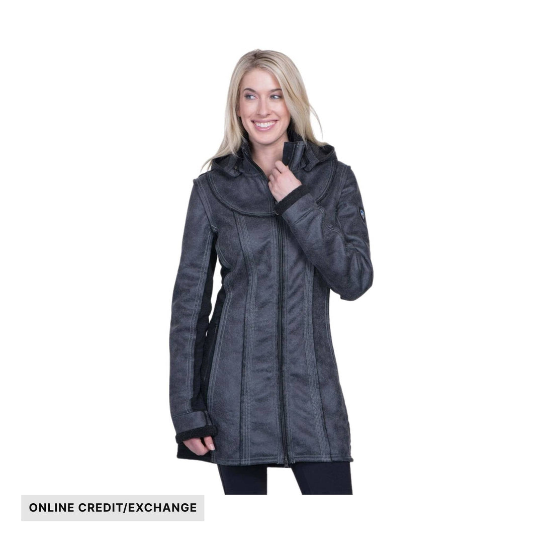 Dark gray hooded zip-front coat with long sleeves and a high collar