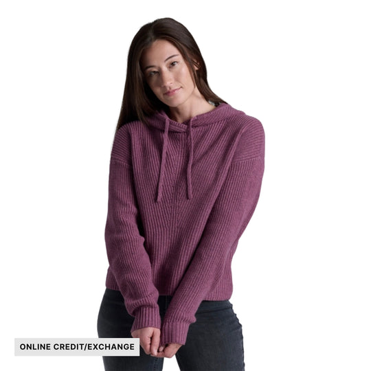 Mauve ribbed knit hoodie with drawstrings and long sleeves