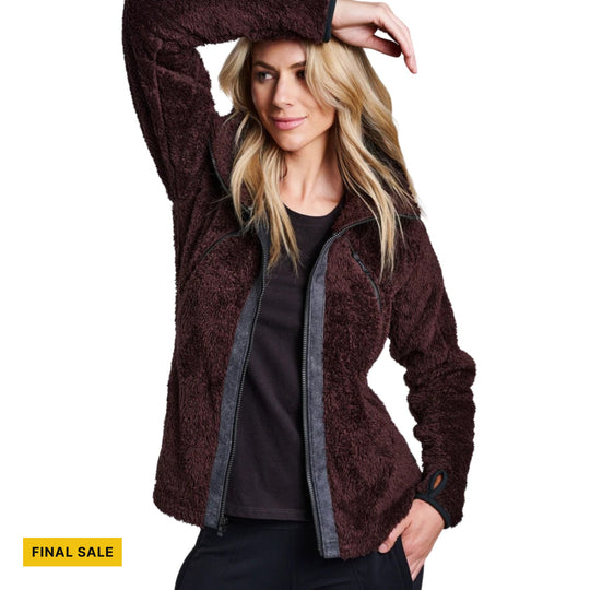 Brown fleece zip-up jacket with black trim and a "FINAL SALE" label