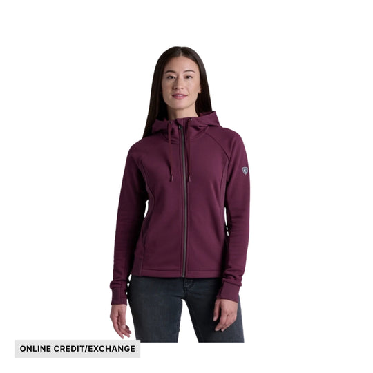 Women’s plum full-zip hooded jacket with drawstring hood and front pockets