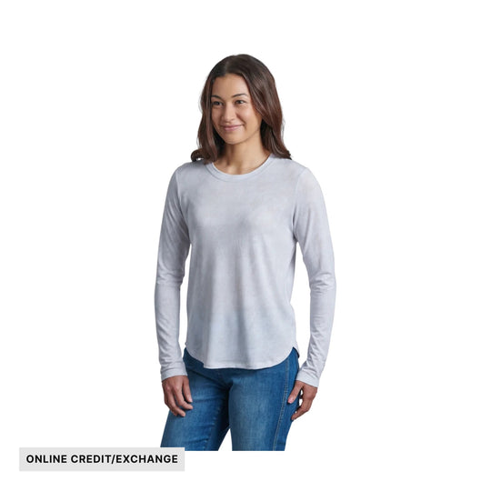Light gray long-sleeve crewneck shirt worn with blue jeans, with "ONLINE CREDIT/EXCHANGE" text overlay