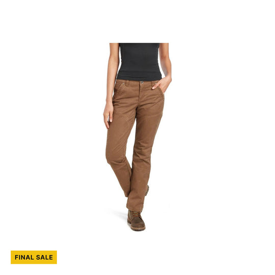 Brown straight-leg pants with front pockets and panel stitching, shown on a model