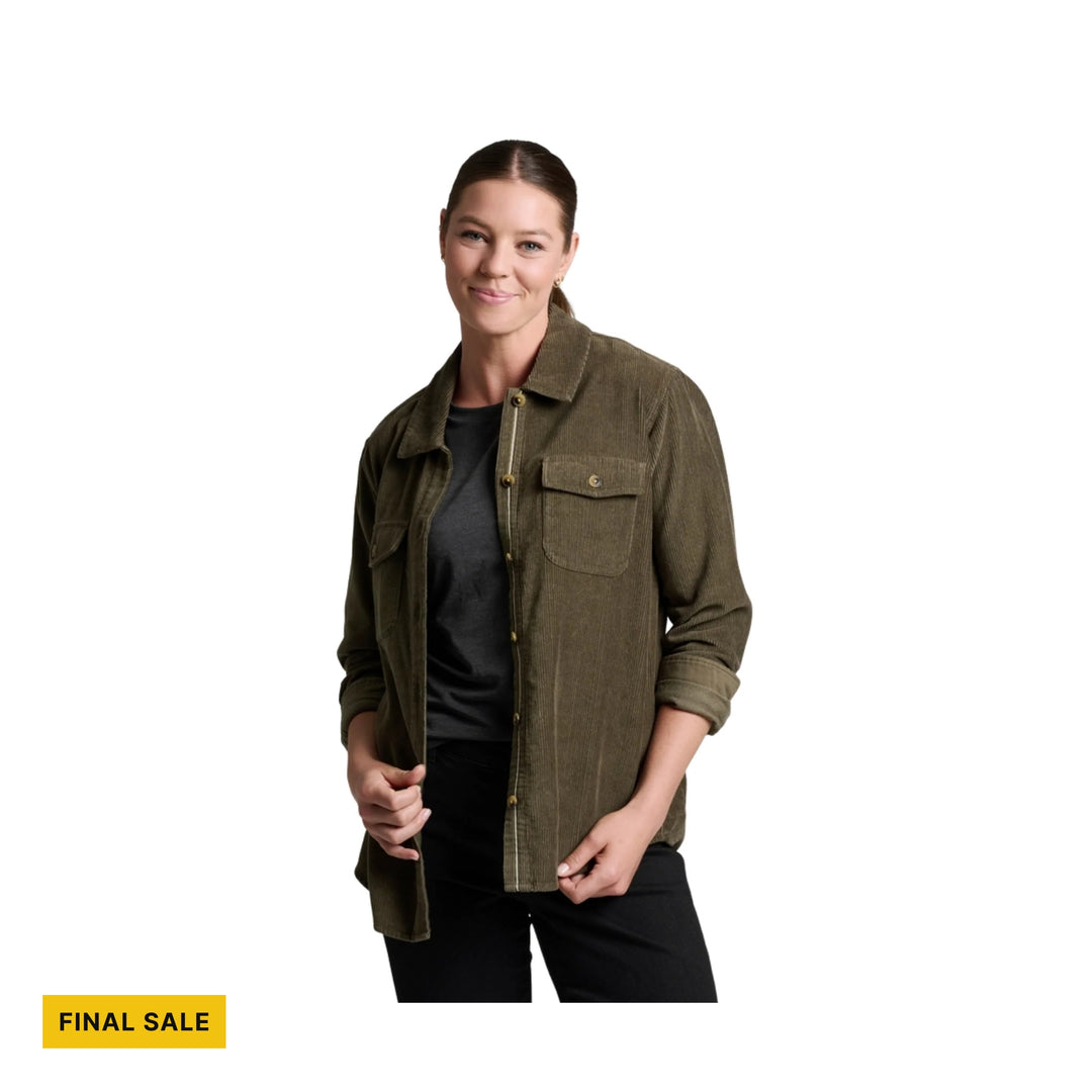 Olive corduroy button-up shirt worn open over a black top, with a yellow FINAL SALE label