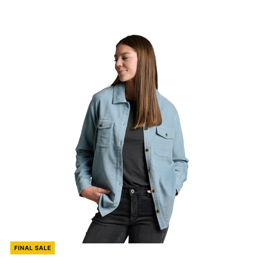 Light blue button-up corduroy shirt worn open over a dark top with a FINAL SALE label