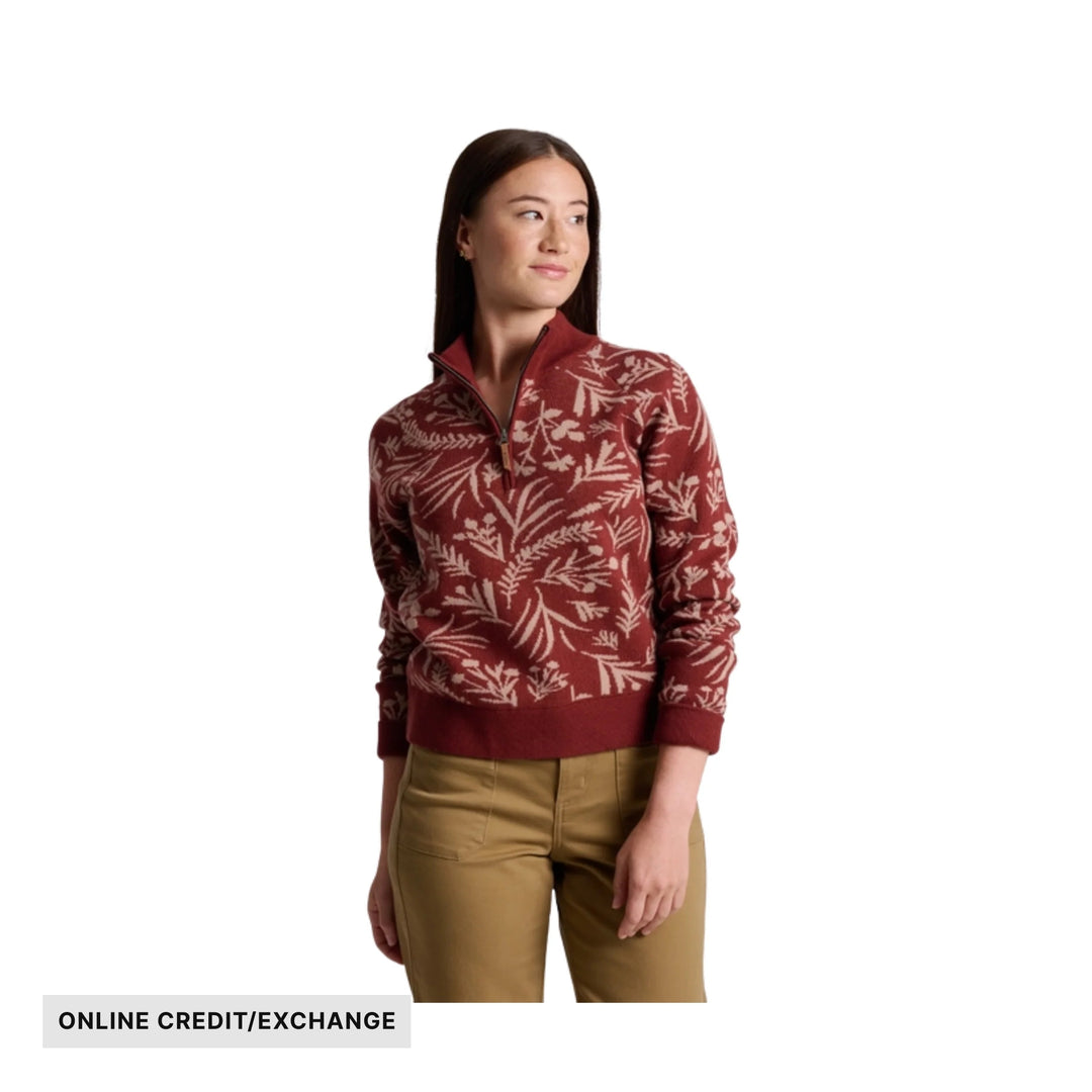 Maroon patterned quarter-zip sweater with a high collar