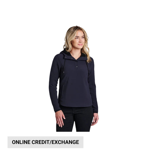 Dark hooded pullover with snap placket and long sleeves, shown on a model