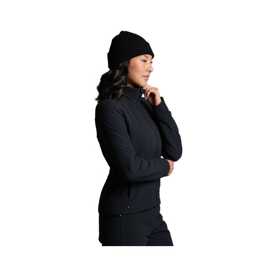 Black insulated women’s jacket shown in side profile with a high collar and long sleeves