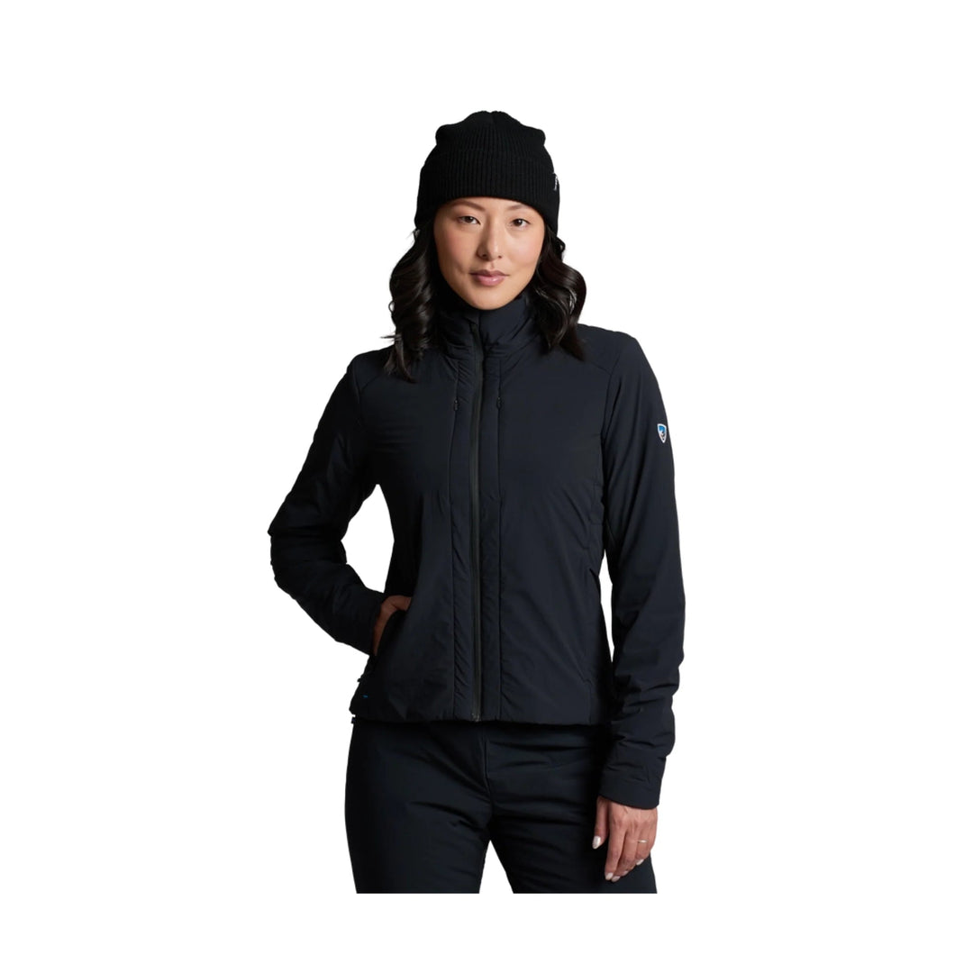 Black women’s zip-front insulated jacket with hood, shown on a model