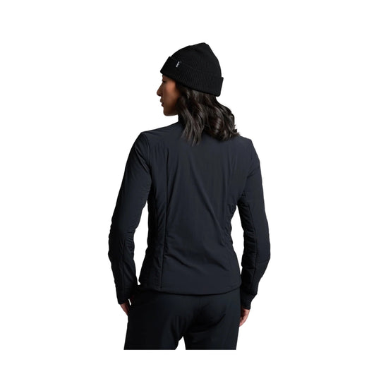 Black long-sleeve jacket shown from the back on a model wearing a black knit beanie.