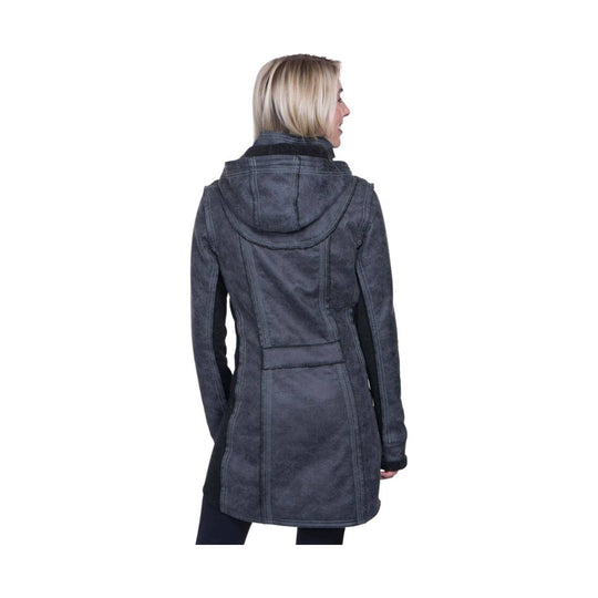 Dark gray hooded trench coat shown from the back