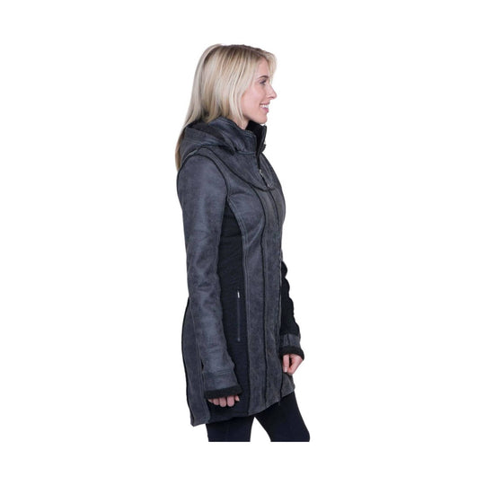 Dark gray hooded women’s trench coat with front zipper, long sleeves, and side pockets, shown in profile