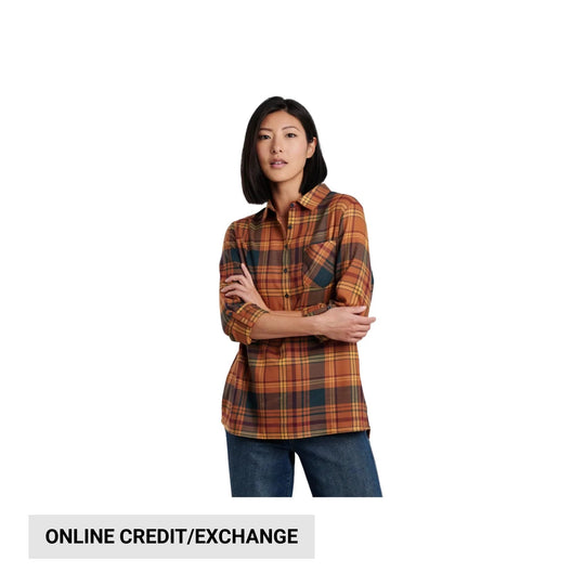 Plaid button-up tunic shirt in orange, brown, and navy with three-quarter sleeves on a model