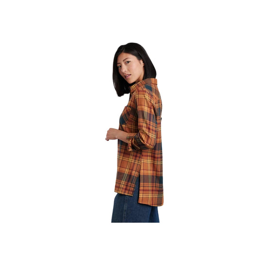 Plaid long-sleeve tunic shirt in orange, brown, and blue, shown in side profile