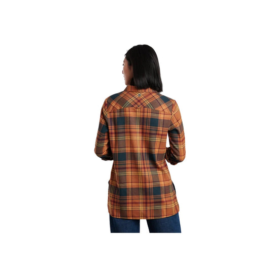 Plaid long-sleeve tunic shirt shown from the back