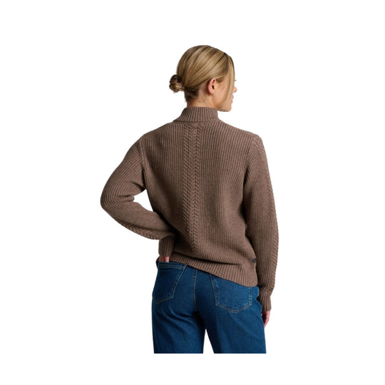 Brown ribbed turtleneck sweater shown from the back, with long sleeves and vertical knit detail down the center