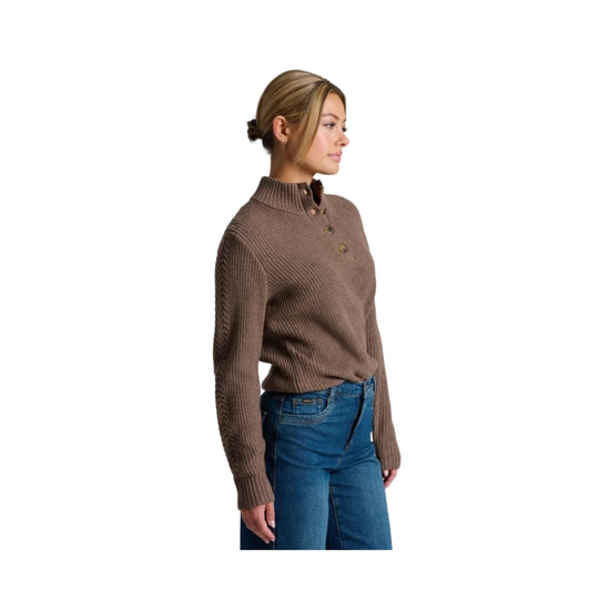 Brown ribbed button-collar sweater with long sleeves, shown with blue jeans in side profile
