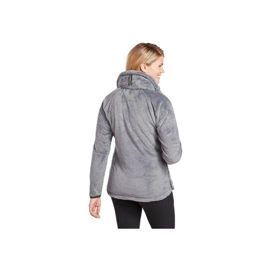 Gray fuzzy jacket shown from the back on a model