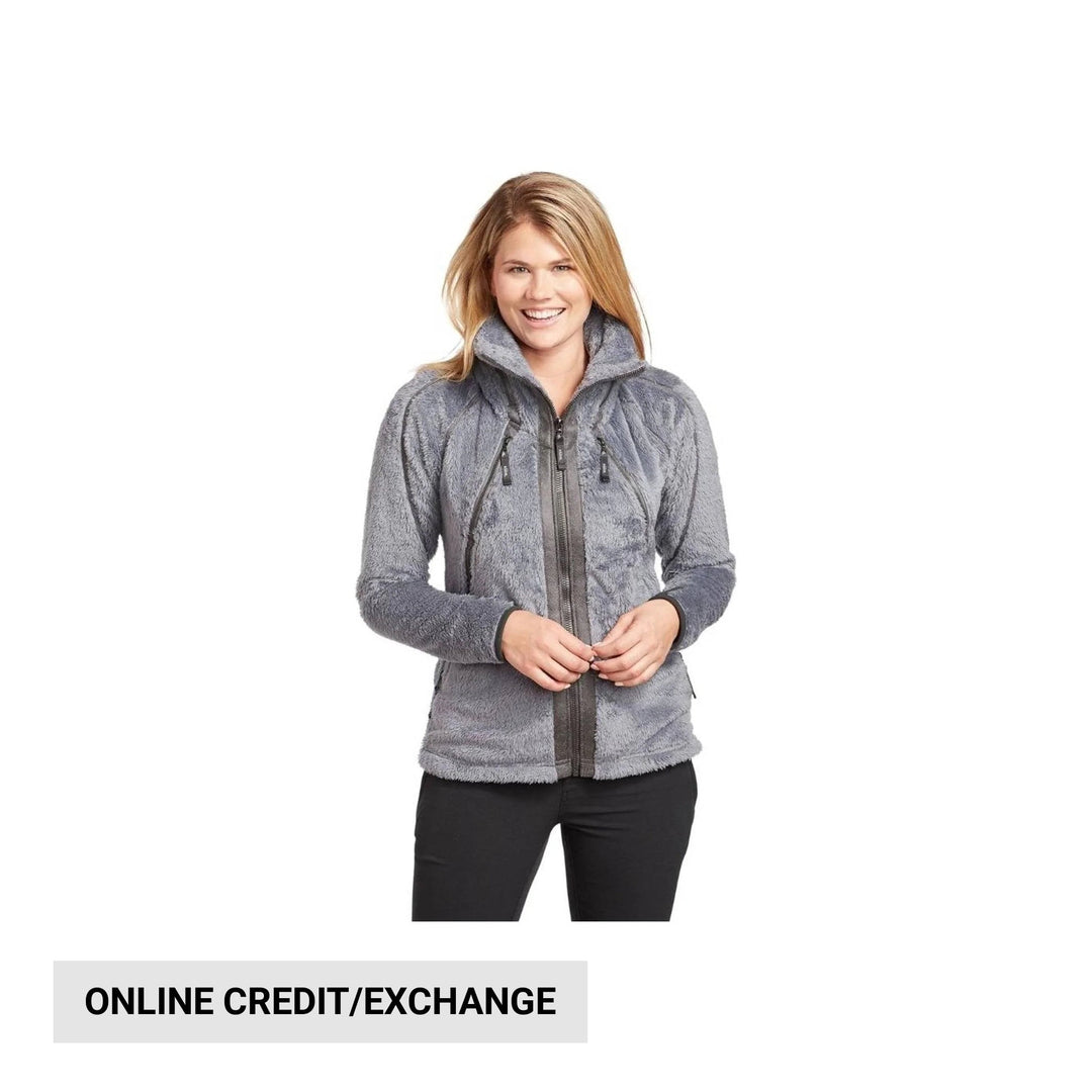 Gray zip-up fleece jacket with high collar and side pockets