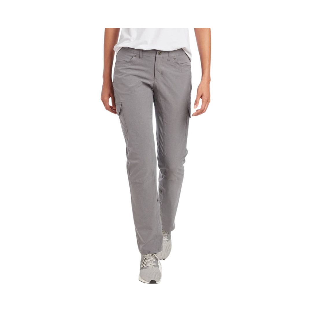 Light gray women's cargo pants with front and side pockets, shown on a model