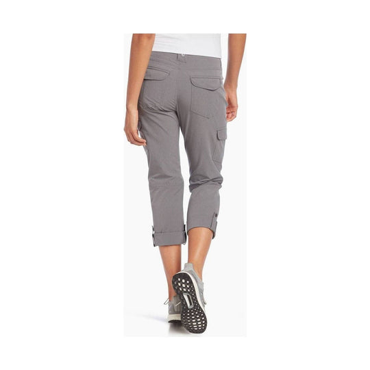 Gray cropped cargo pants with rolled cuffs and flap pockets, shown from the back