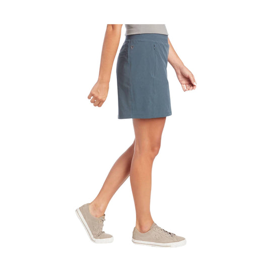 Blue-gray athletic skort shown on a model in side view