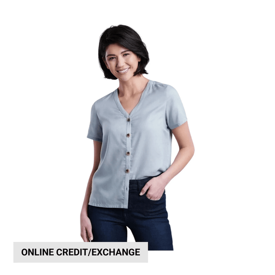 Short-sleeve button-front blouse with a V-neck, shown with dark jeans