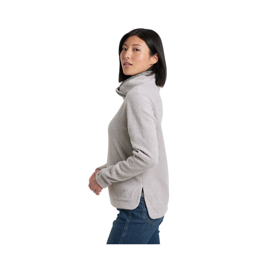Light gray fleece pullover with snap collar, shown in side profile