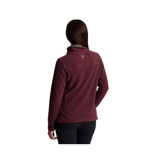 Burgundy fleece pullover with a high snap collar, shown from the back