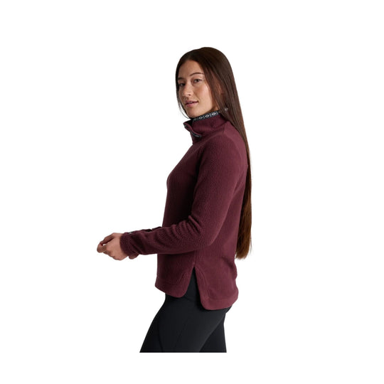 Maroon fleece quarter-snap pullover with high collar and long sleeves, shown in side view