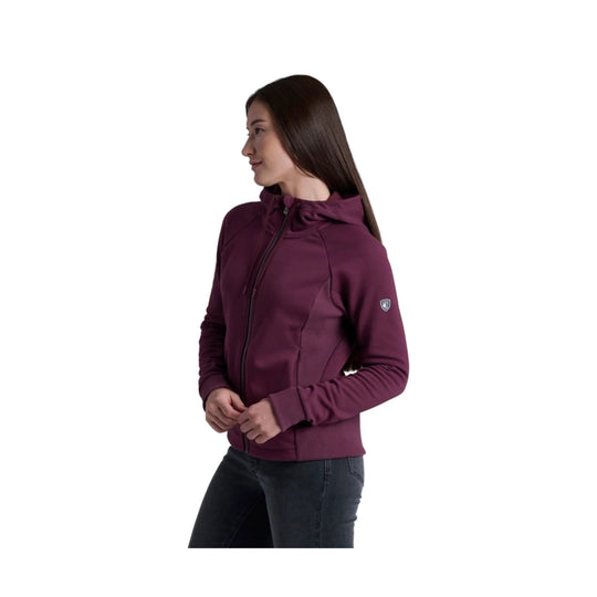 Maroon full-zip hooded jacket with side paneling, thumbhole cuffs, and a small sleeve logo