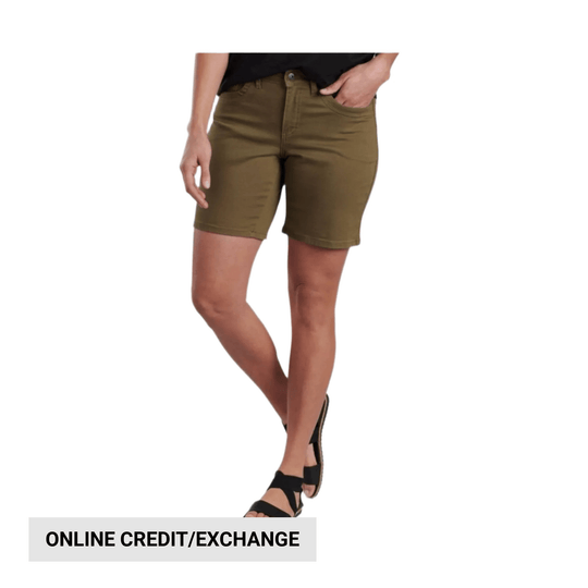 Olive women’s shorts with five-pocket styling and a cropped hem