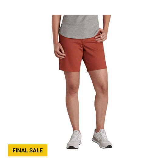 Rust-colored athletic shorts on a model, with a FINAL SALE tag