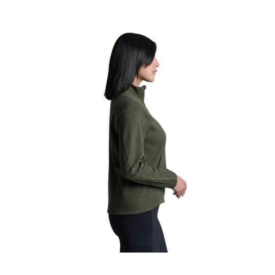 Olive long-sleeve half-zip top shown in side profile
