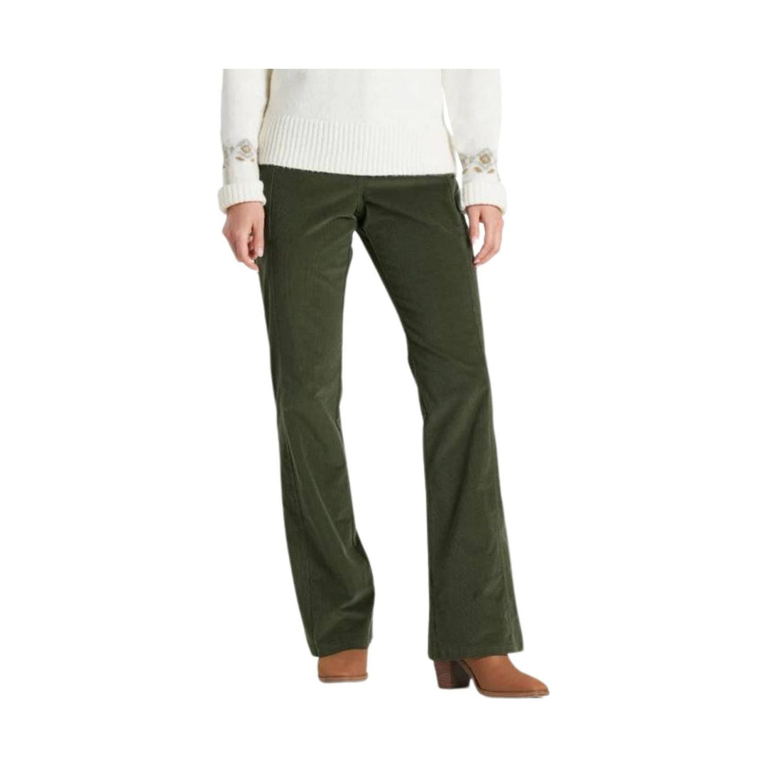 Dark olive straight-leg corduroy pants on a model, shown from the waist down