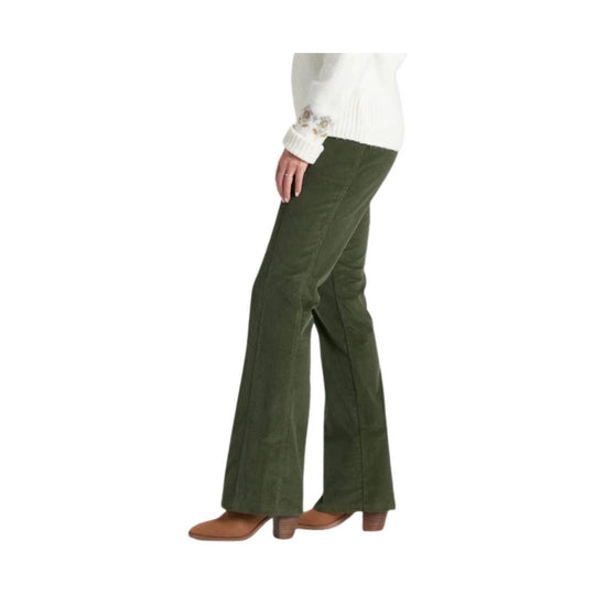 Olive green corduroy flare pants shown in side view