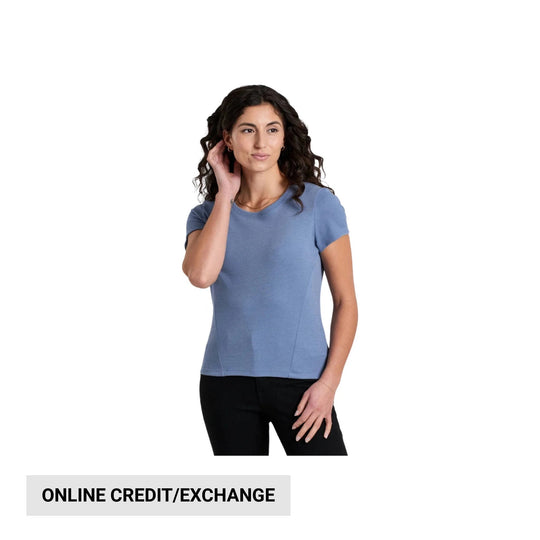 Blue short-sleeve ribbed knit T-shirt on a model