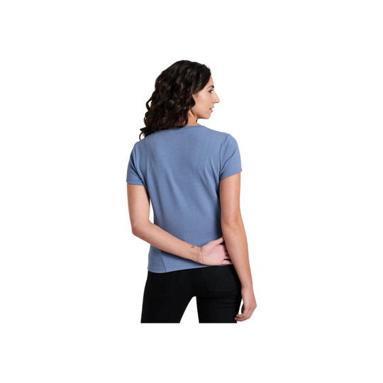 Blue short-sleeve ribbed tee shown from the back on a model