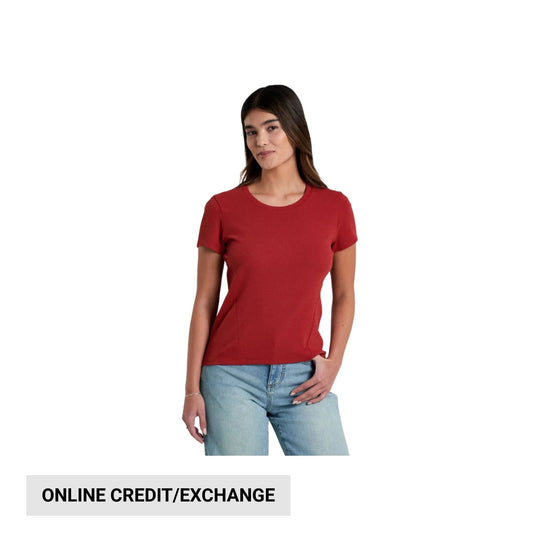 Red short-sleeve fitted knit top with a crew neck, shown with light wash jeans