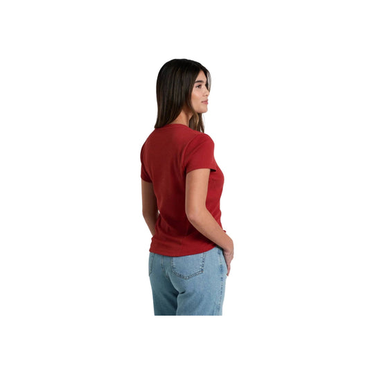 Red short-sleeve crewneck tee shown from the back with a side profile, worn with light blue jeans
