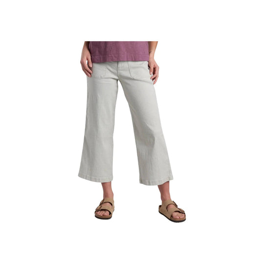 Light gray wide-leg cropped pants with front patch pockets and a raw hem