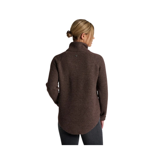 Brown ribbed turtleneck sweater shown from the back