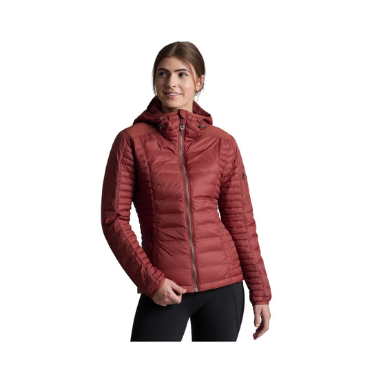 Women's rust-red hooded puffer jacket with front zipper and quilted sleeves