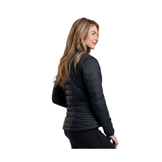 Black quilted puffer jacket shown on a woman in side and back view