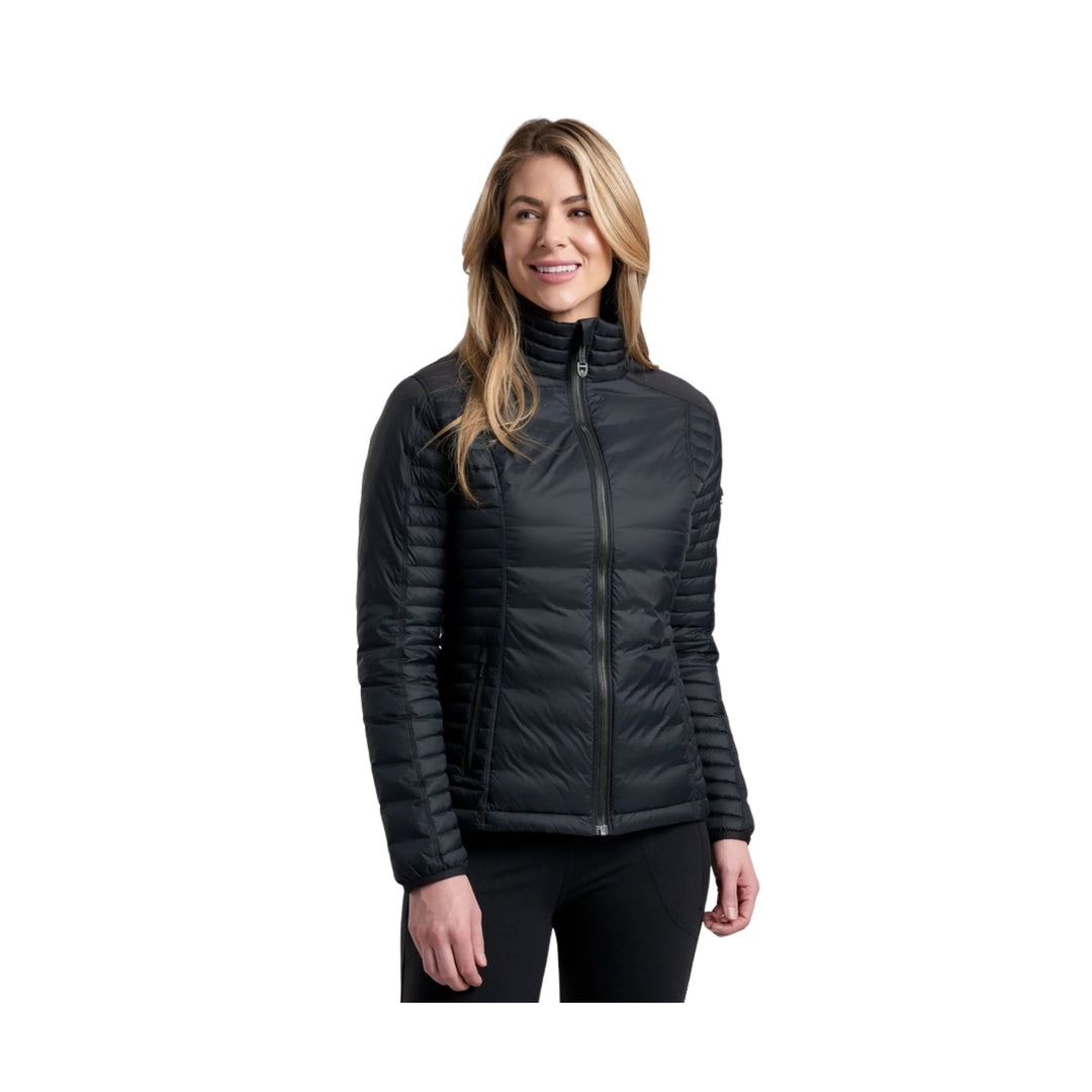 Black insulated full-zip jacket with stand collar and long sleeves on a model