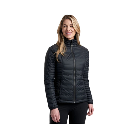 Black insulated full-zip jacket with stand collar and long sleeves on a model
