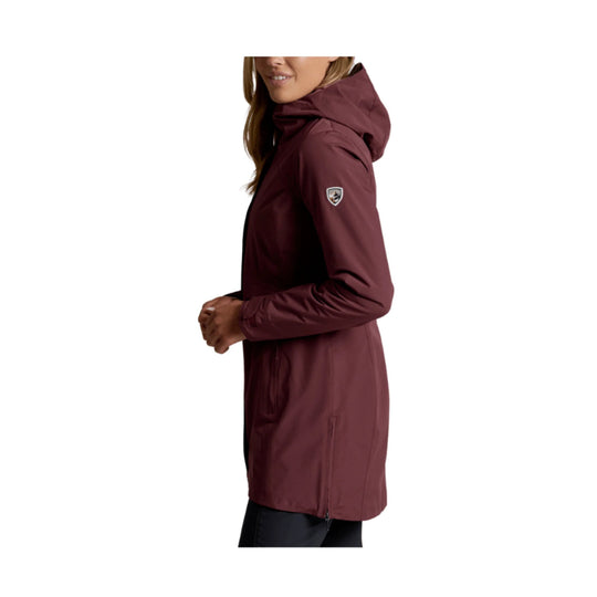 Burgundy hooded longline rain jacket with side zipper vents