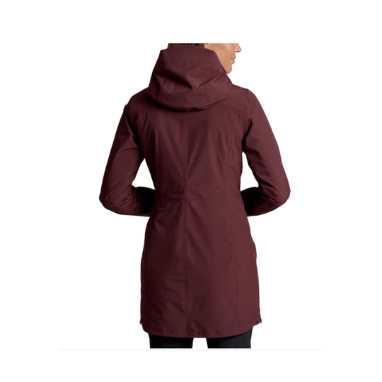 Maroon hooded knee-length insulated jacket shown from the back