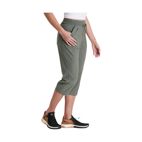 Olive pull-on capri pants with drawstring waist and side pockets