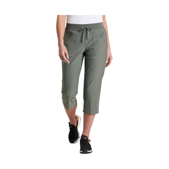 Olive cropped pull-on pants with drawstring waist, zip pockets, and straight leg