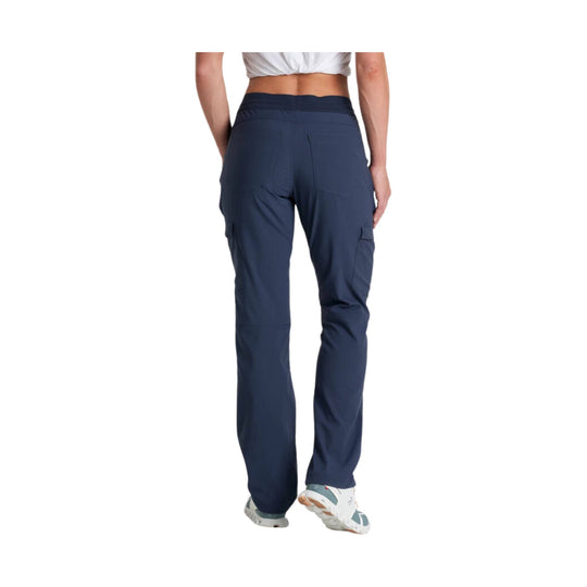 Navy straight-leg women’s hiking pants shown from the back
